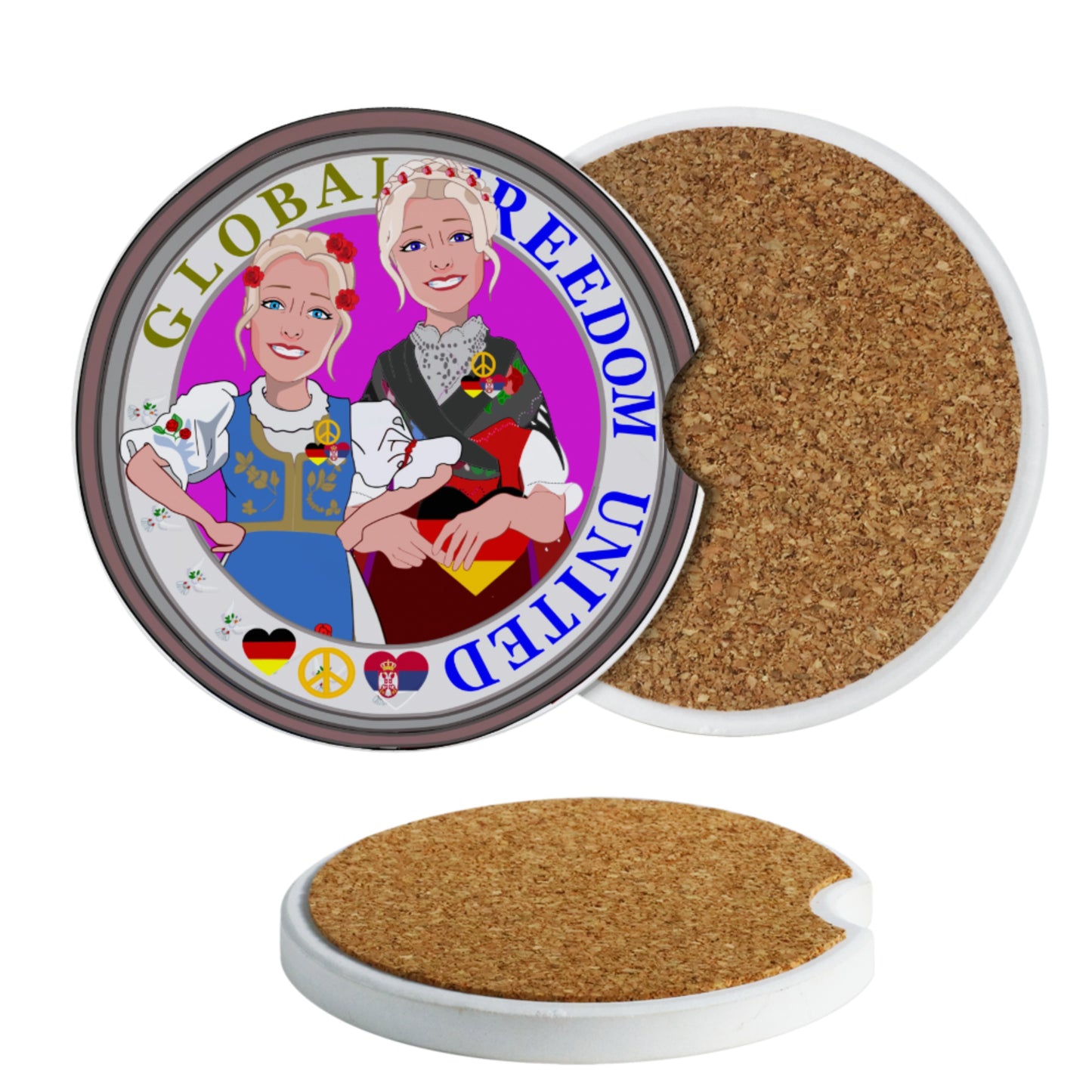 Ceramic Car Coaster GLOBAL FREEDOM UNITED© Women Serbia & Germany V2