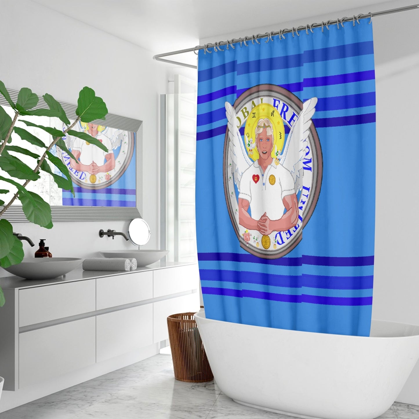 Quick-drying Shower Curtain GLOBAL FREEDOM UNITED© Archangel Michael Version 2 Deep Blue