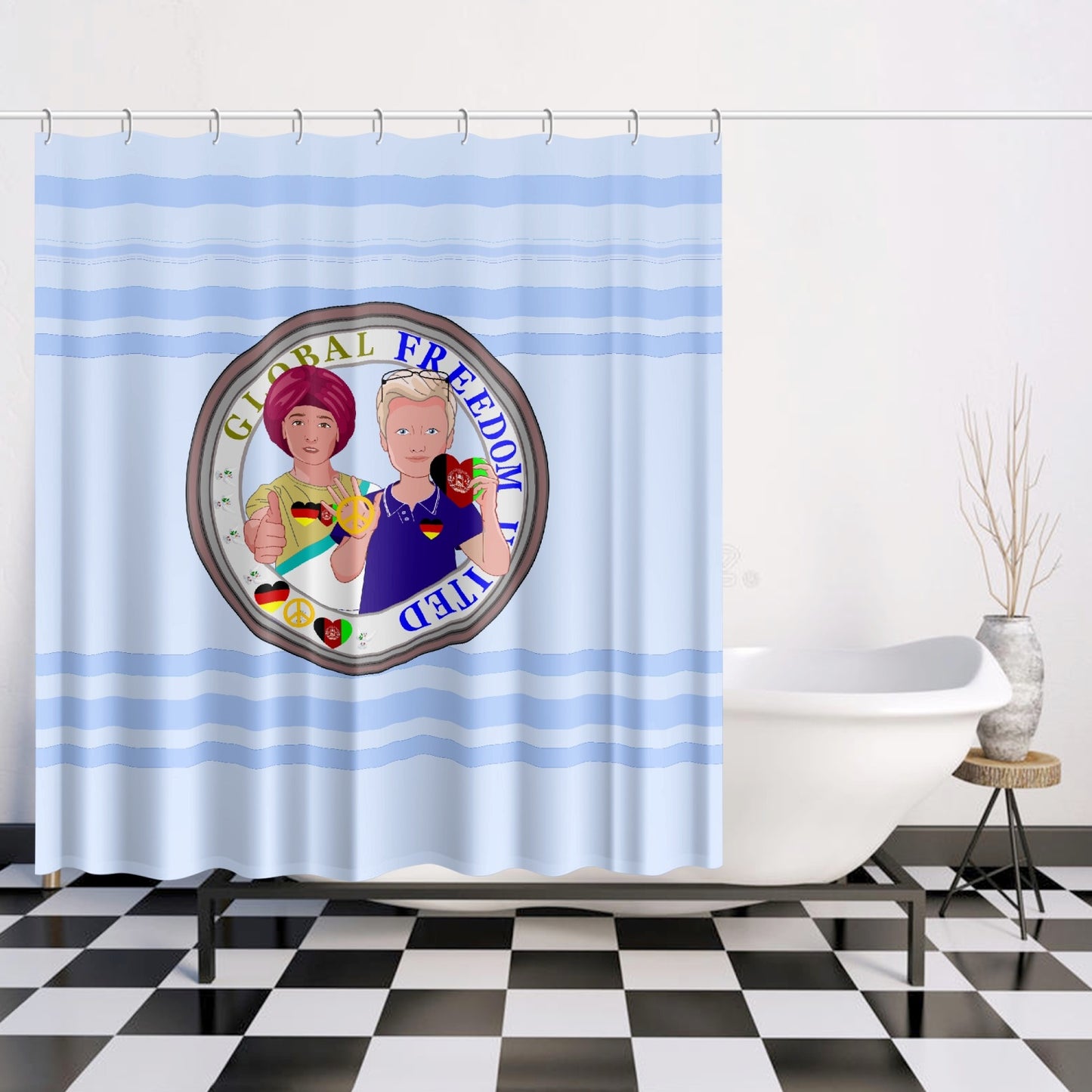 Quick-drying Shower Curtain GLOBAL FREEDOM UNITED© Men Afghanistan & Germany Light Blue