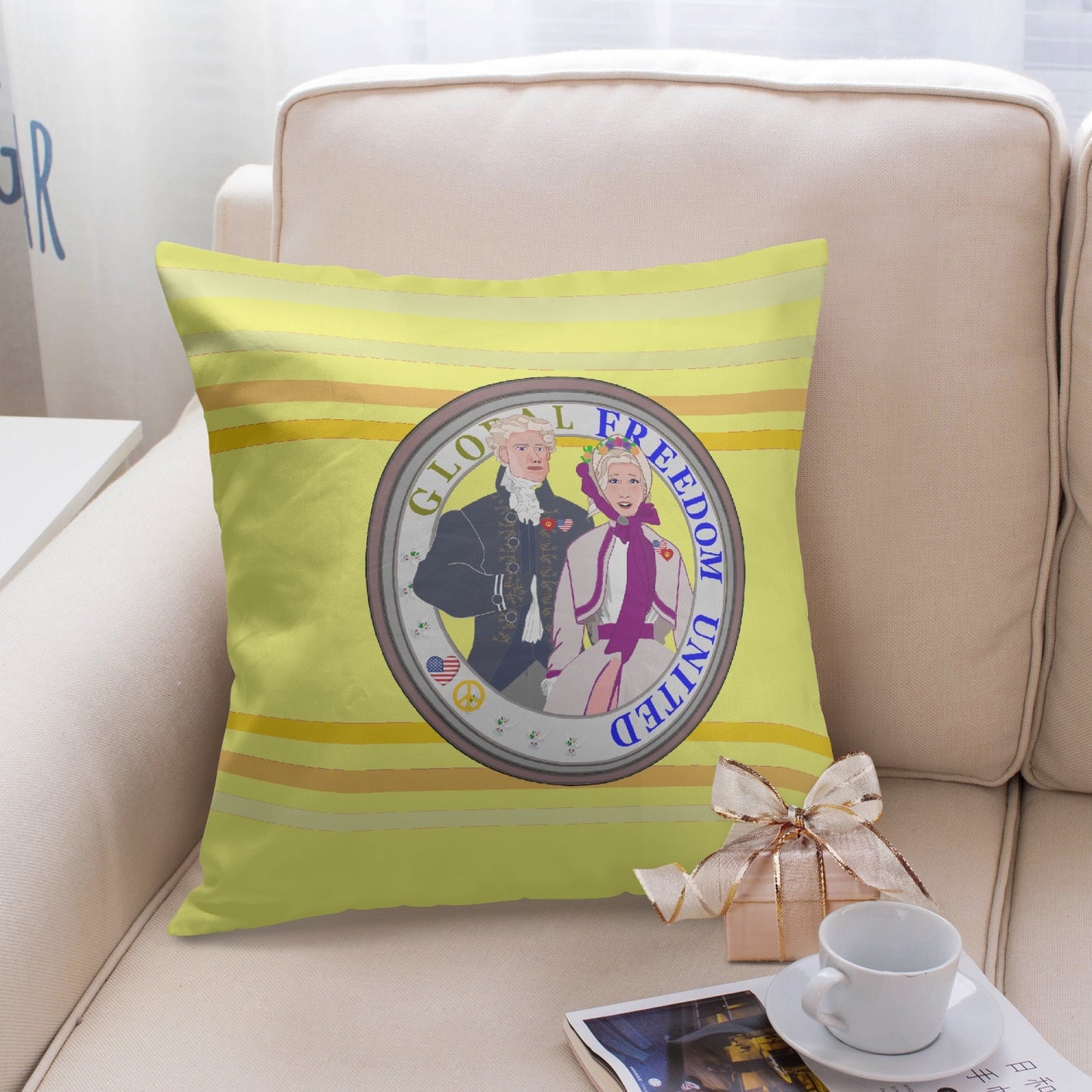 GLOBAL FREEDOM UNITED© Couple USA Georg Washington Yellow - Square Pillow Cover