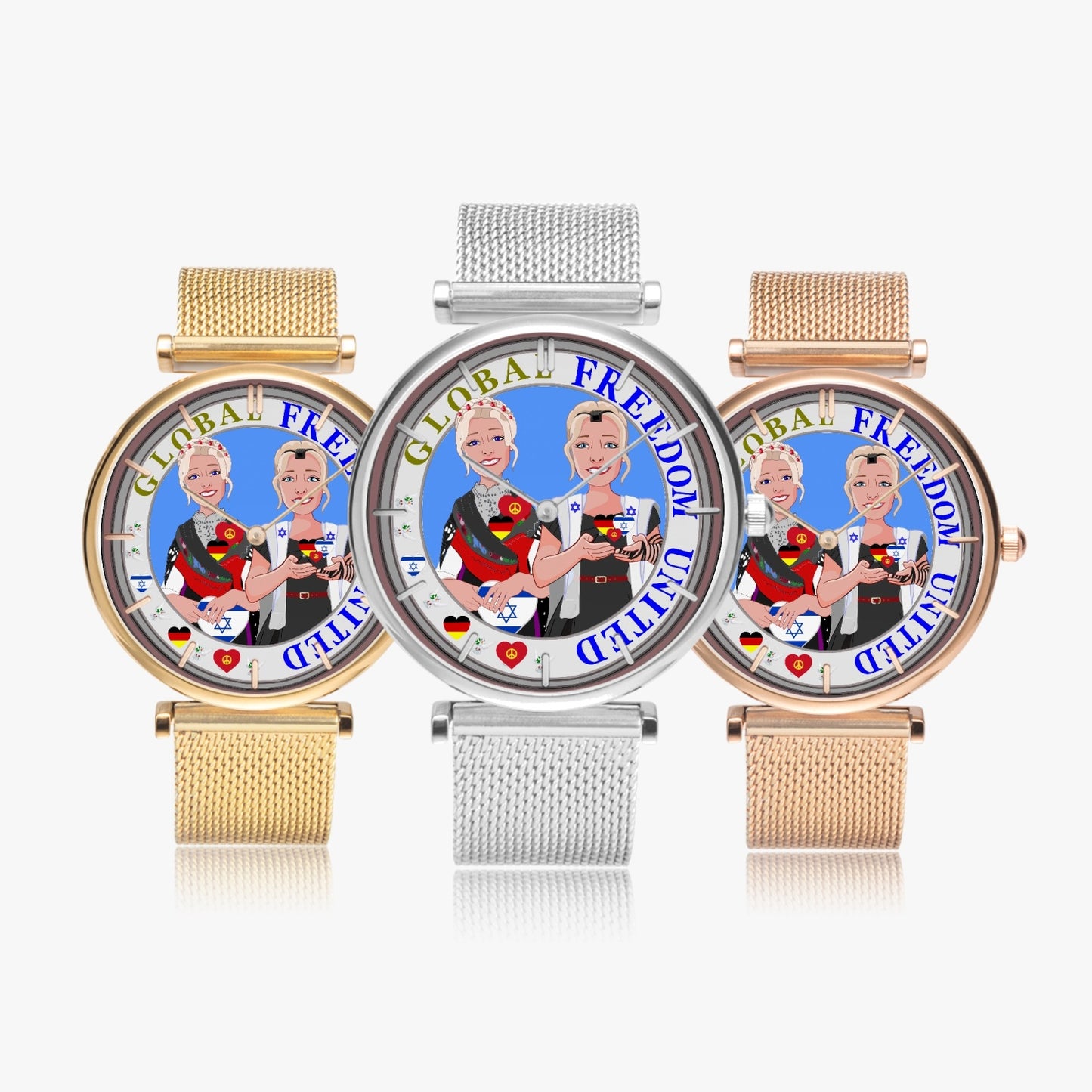 GLOBAL FREEDOM UNITED© New Stylish Ultra-Thin Quartz Watch (With Indicators) Women Israel & Germany