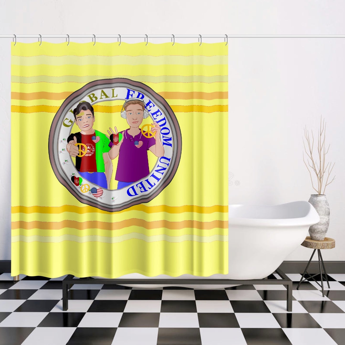 Quick-drying Shower Curtain GLOBAL FREEDOM UNITED© Women Afghanistan & USA Yellow