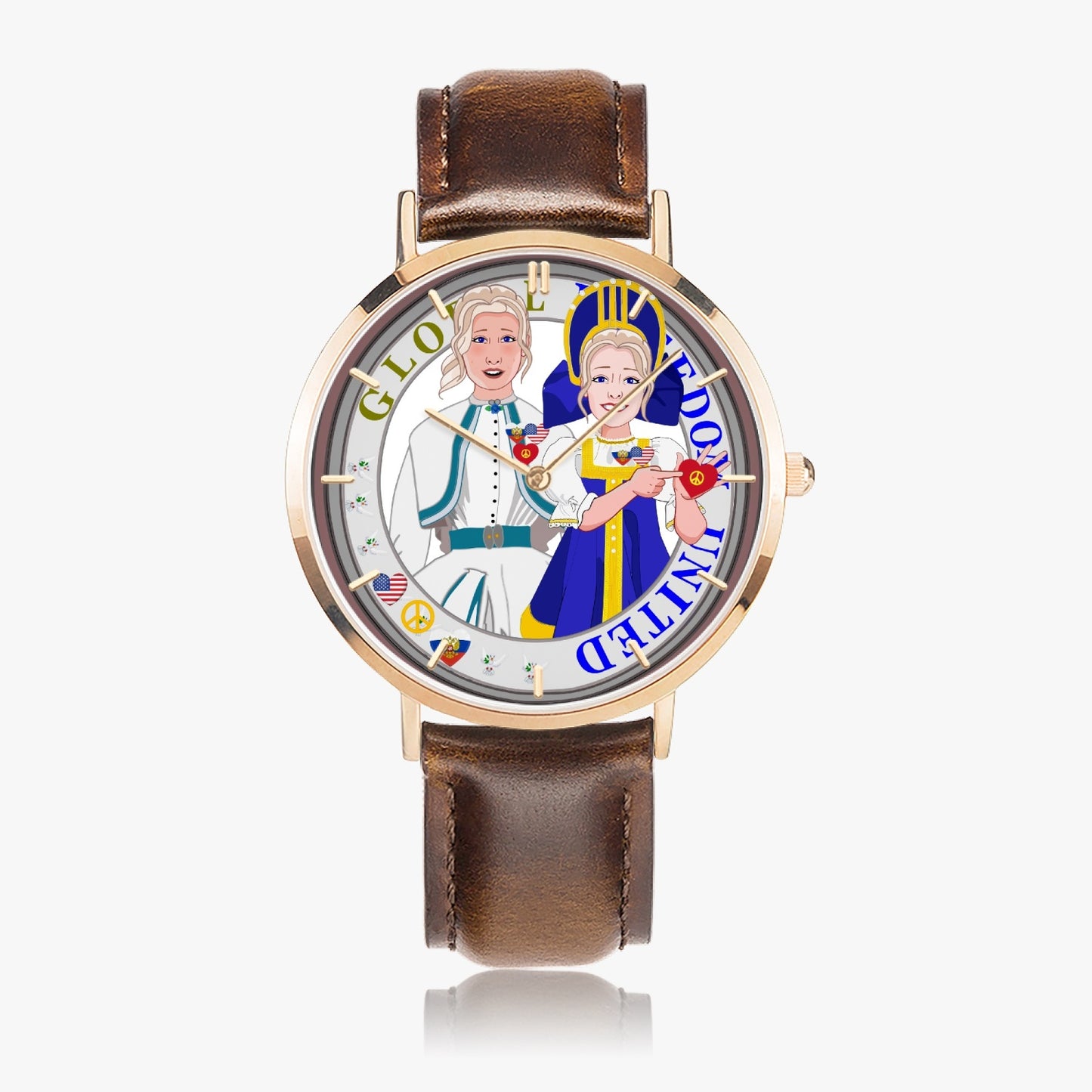 GLOBAL FREEDOM UNITED© Hot Selling Ultra-Thin Leather Strap Quartz Watch (Rose Gold With Indicators) Women USA & Russia