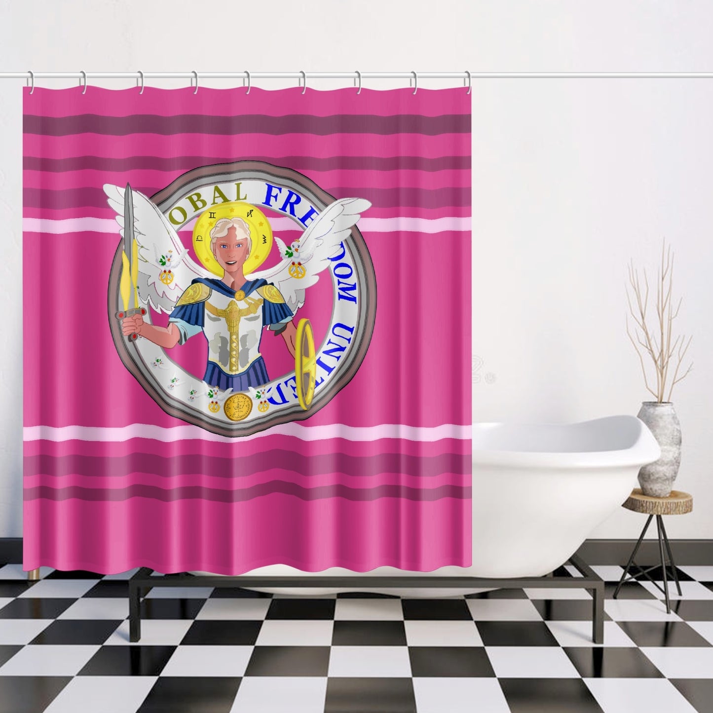 Quick-drying Shower Curtain GLOBAL FREEDOM UNITED© Archangel Michael Version 1 Pink2