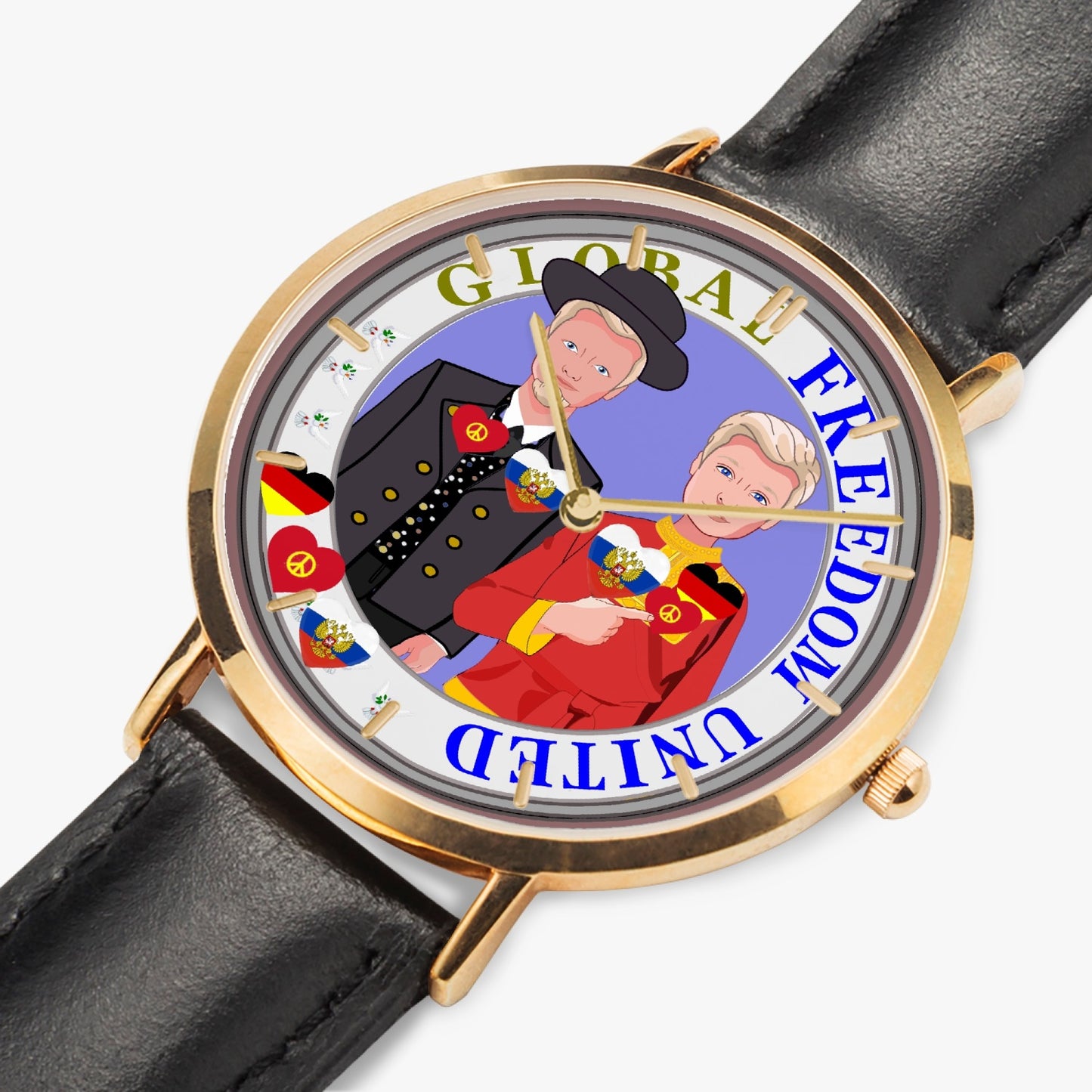 GLOBAL FREEDOM UNITED© Hot Selling Ultra-Thin Leather Strap Quartz Watch (Rose Gold With Indicators) Men Russia & Germany