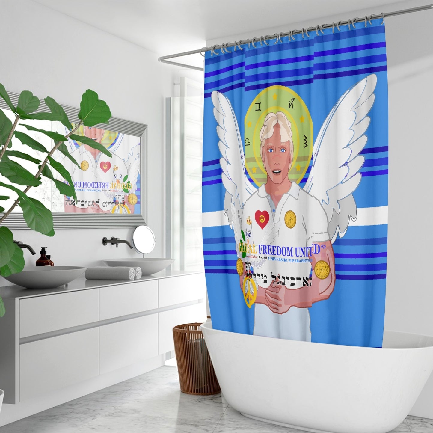 Quick-drying Shower Curtain GLOBAL FREEDOM UNITED ARCHANGEL MICHAEL HEBREW DEEP BLUE
