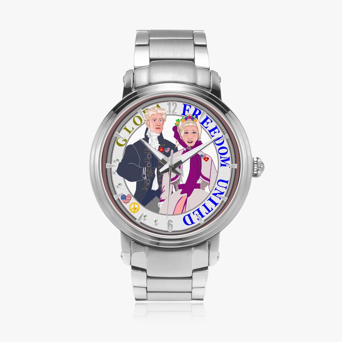 GLOBAL FREEDOM UNITED© Couple USA Georg Washington - New Steel Strap Automatic Watch (With Indicators)