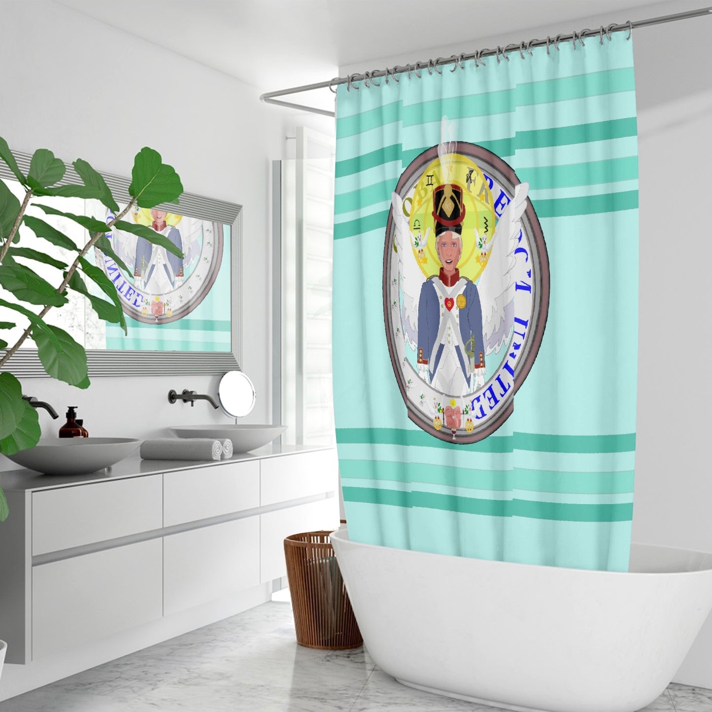 Quick-drying Shower Curtain GLOBAL FREEDOM UNITED© Archangel Michael Version 3 Light Green