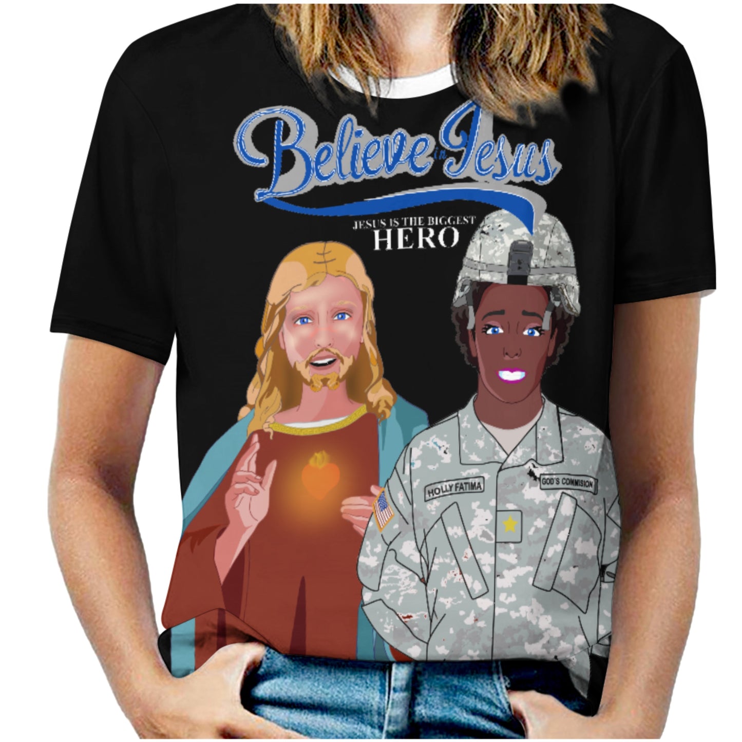 Women´s Black T-shirt Black GLOBAL FREEDOM UNITED© Jesus Christ For US American Hero Afro American Soldiers