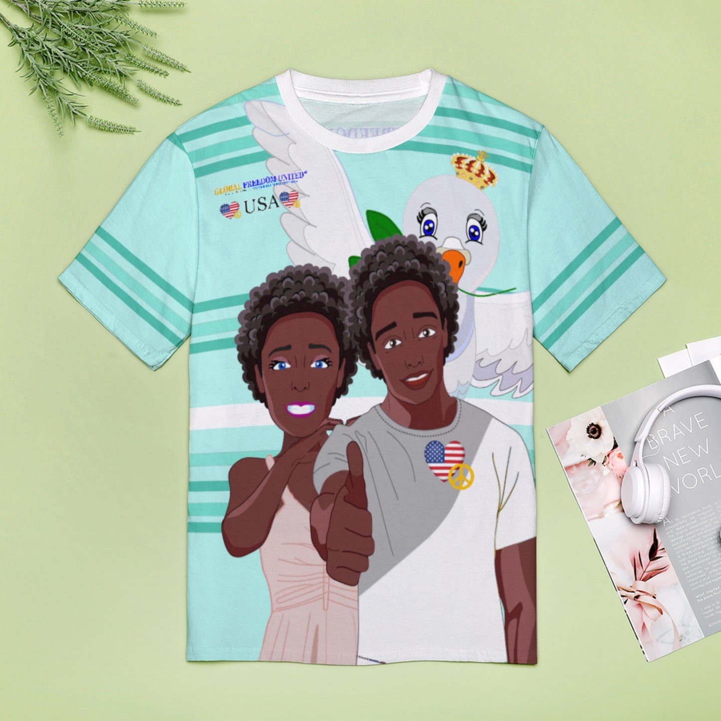 Women´s T-shirt 2 GLOBAL FREEDOM UNITED© Couple USA Afro American Light Green