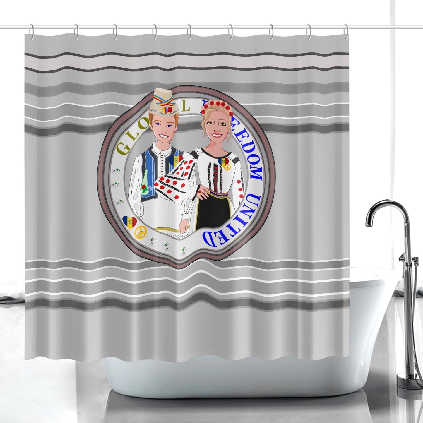 GLOBAL FREEDOM UNITED© Couple Romania Grey - Quick-drying Shower Curtain
