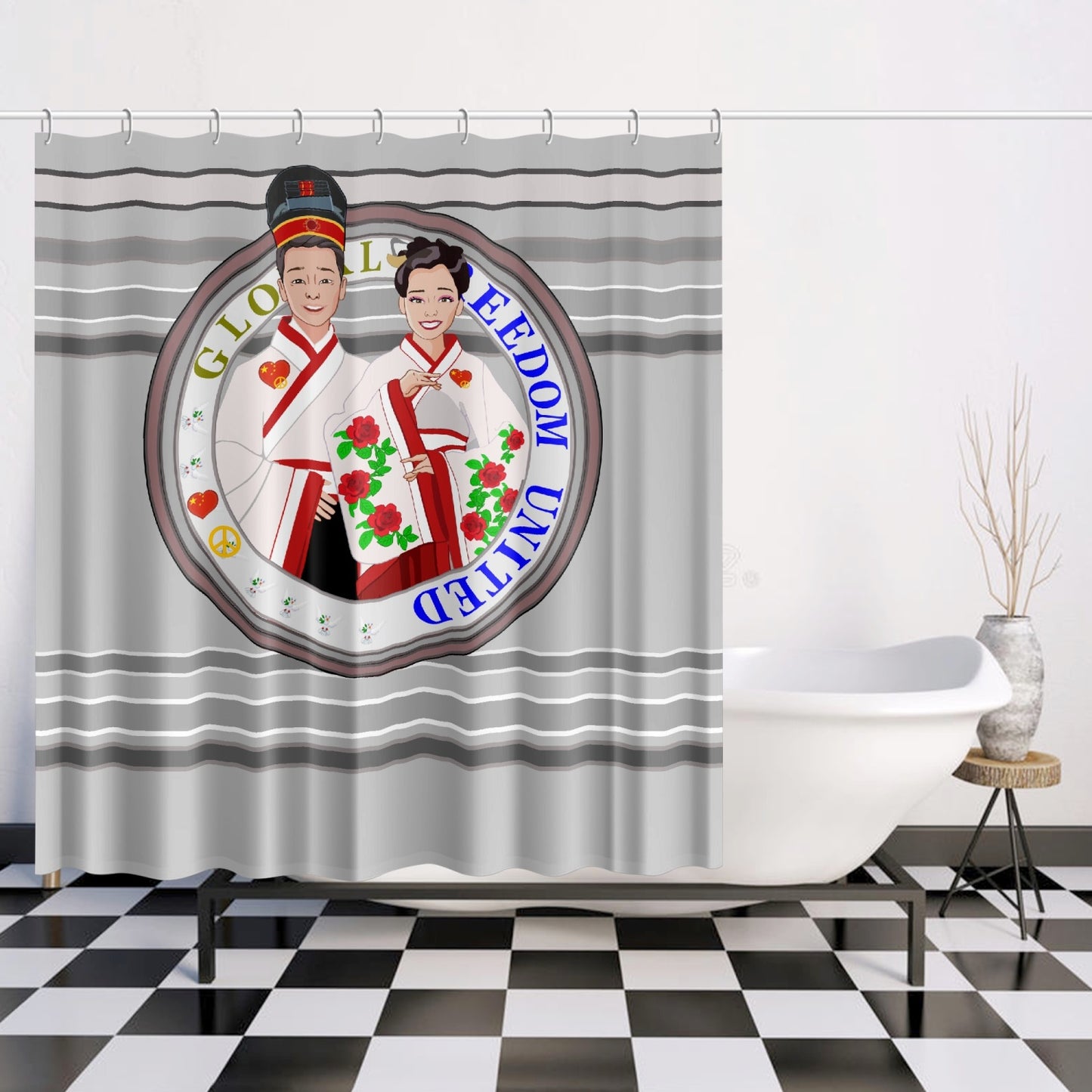 GLOBAL FREEDOM UNITED© Couple China Grey - Quick-drying Shower Curtain