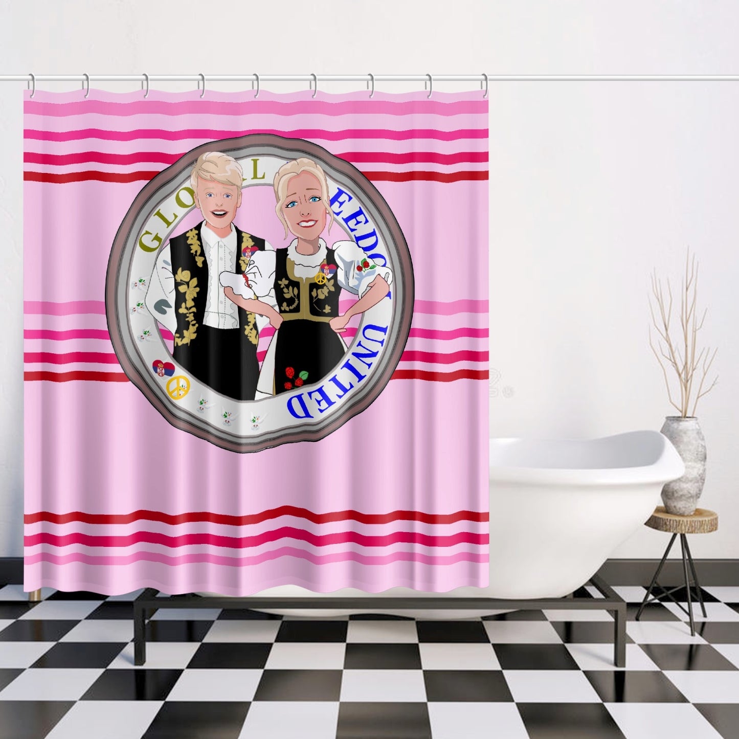 Quick-drying Shower Curtain GLOBAL FREEDOM UNITED COUPLE EDITION SERBIA PINK1