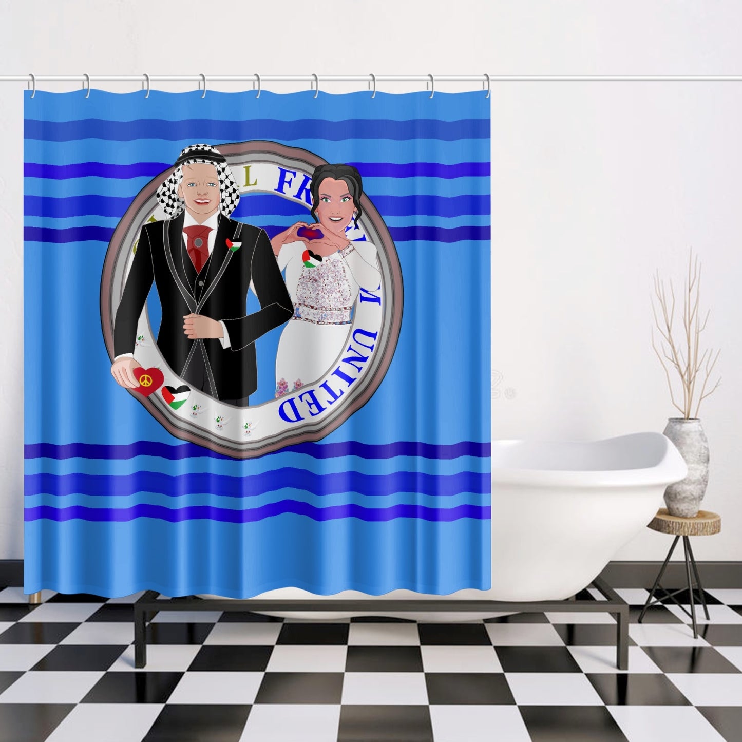 GLOBAL FREEDOM UNITED© Couple Palestina Deep Blue - Quick-drying Shower Curtain