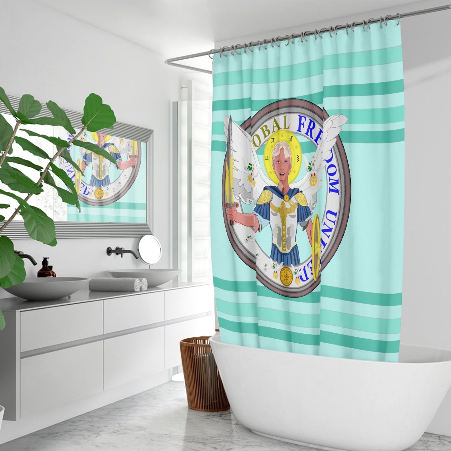 Quick-drying Shower Curtain GLOBAL FREEDOM UNITED© Archangel Michael Version 1 Light Green