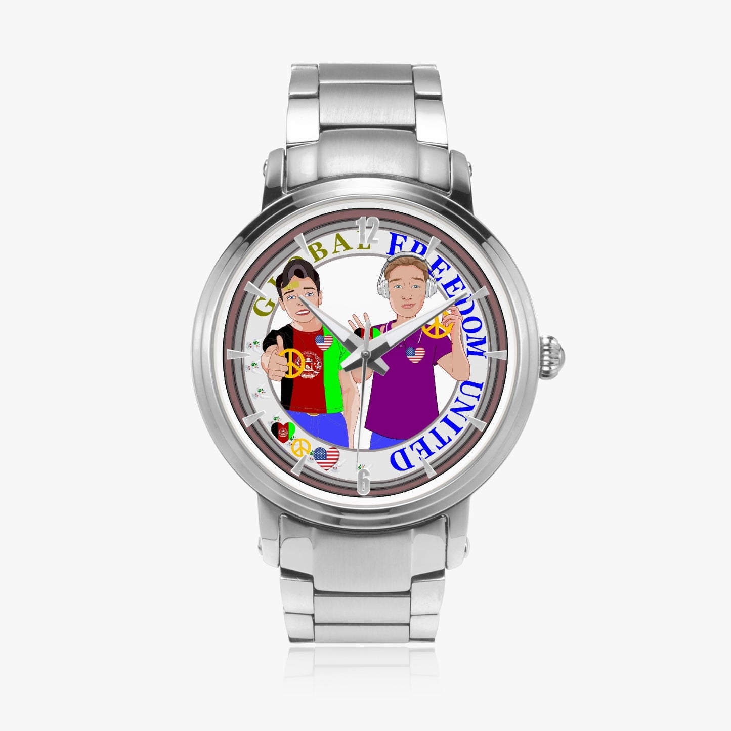 GLOBAL FREEDOM UNITED© New Steel Strap Automatic Watch (With Indicators) Men Afghanistan & USA V1