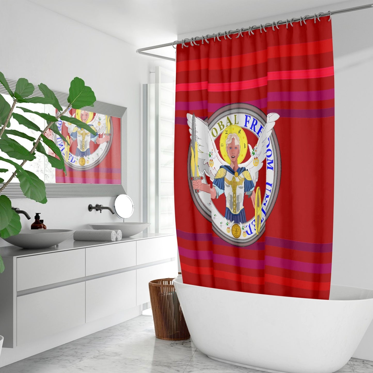 Quick-drying Shower Curtain GLOBAL FREEDOM UNITED© Archangel Michael Version 1 Red
