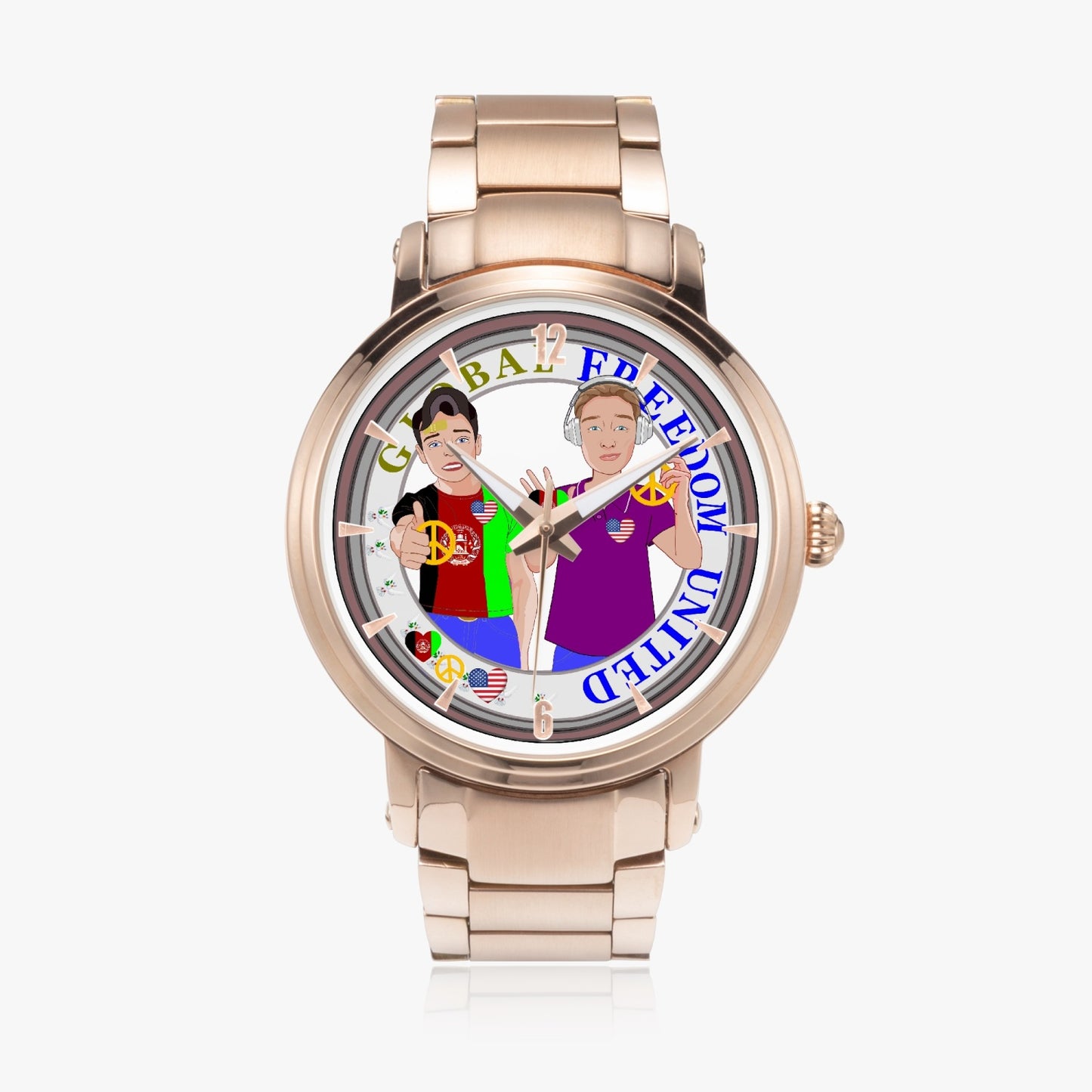 GLOBAL FREEDOM UNITED© New Steel Strap Automatic Watch (With Indicators) Men Afghanistan & USA V1