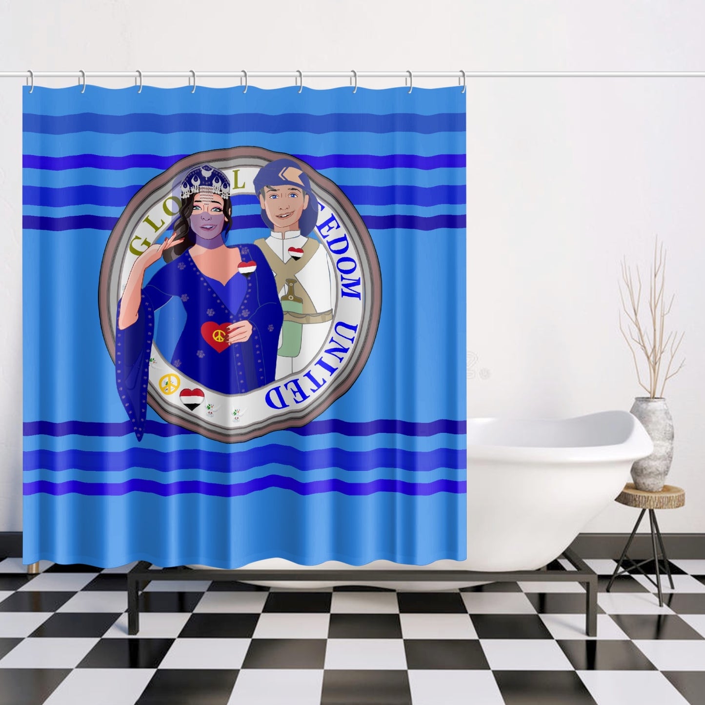 GLOBAL FREEDOM UNITED© Couple Yemen Deep Blue -  Quick-drying Shower Curtain