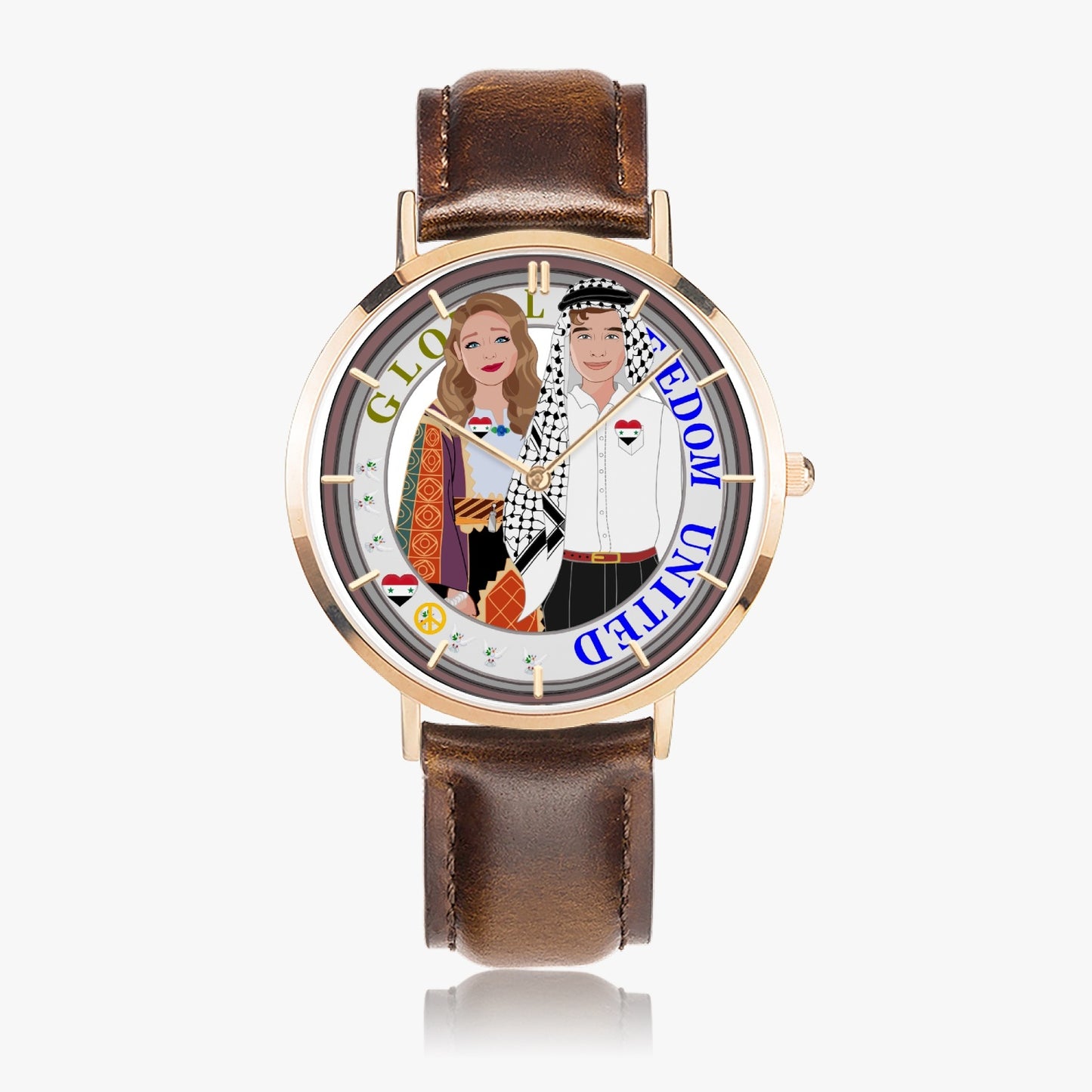 GLOBAL FREEDOM UNITED© Couple Syria Hot Selling Ultra-Thin Leather Strap Quartz Watch (Rose Gold With Indicators)