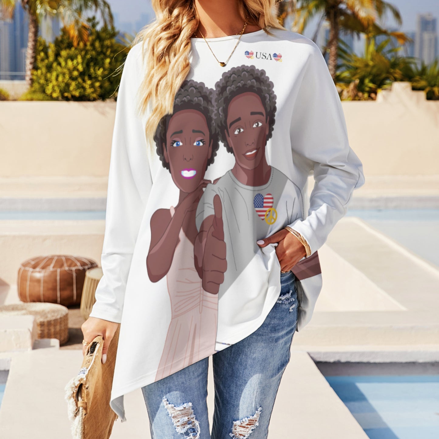 Pullover Long Sleeve T-shirt GLOBAL FREEDOM UNITED© Couple USA Afro American