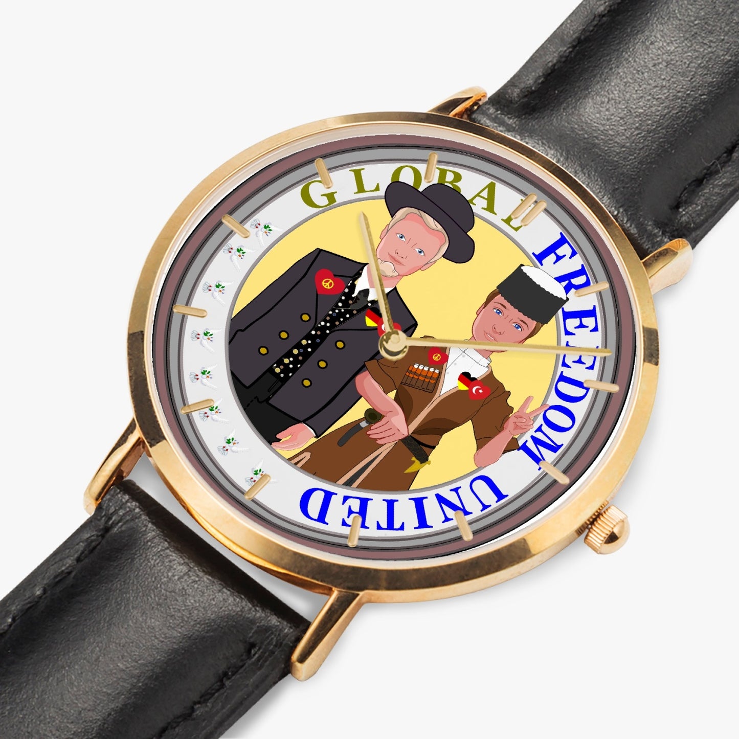 Hot Selling Ultra-Thin Leather Strap Quartz Watch (Rose Gold With Indicators) GLOBAL FREEDOM UNITED MEN TURKEY & GERMANY