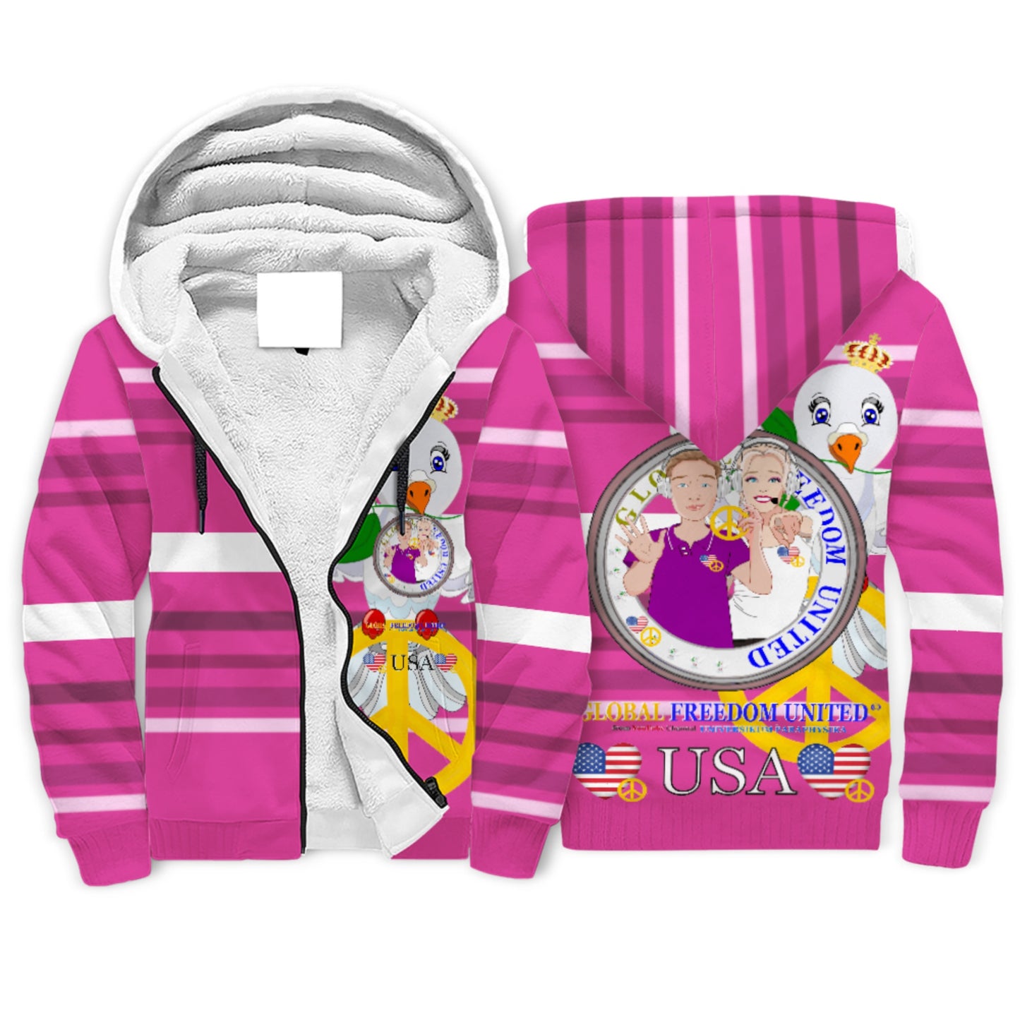 Plush Hoodie GLOBAL FREEDOM UNITED© Couple USA Wight American Pink