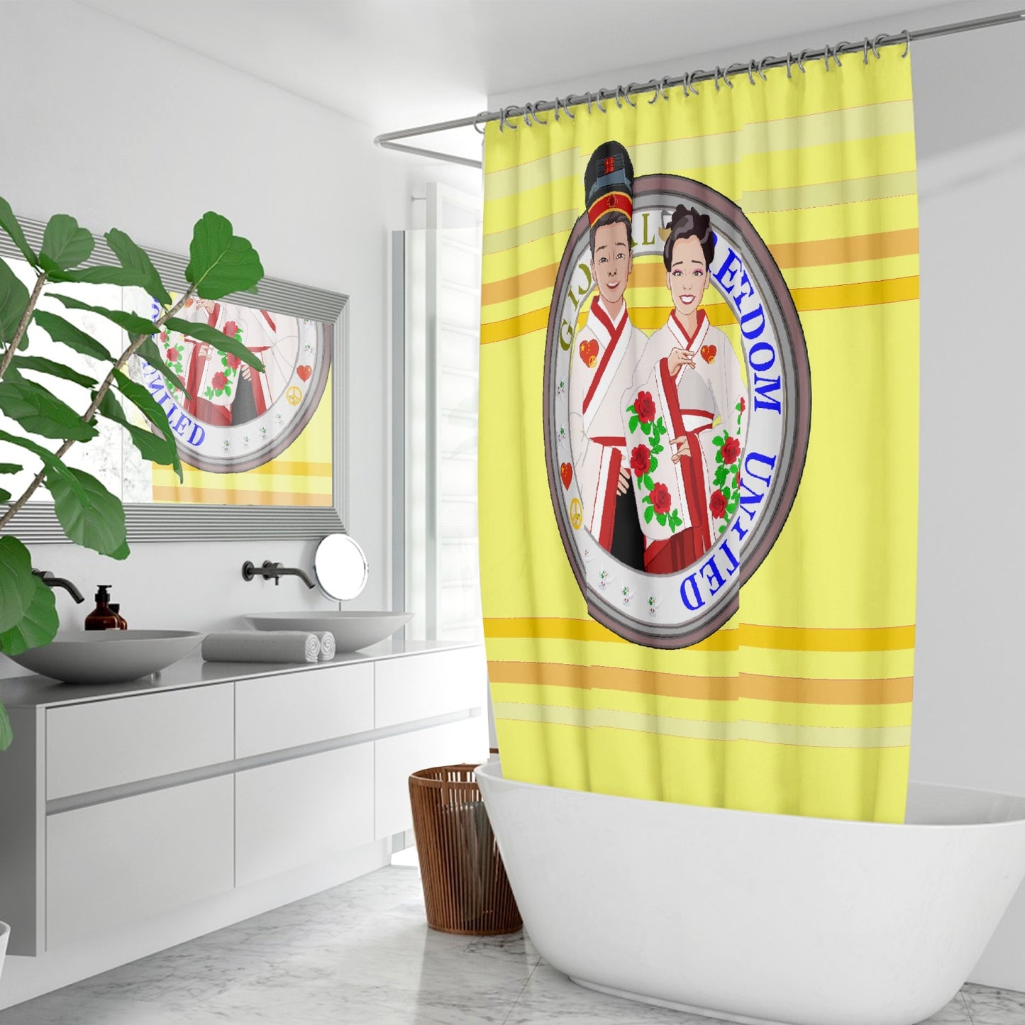 GLOBAL FREEDOM UNITED© Couple China Yellow - Quick-drying Shower Curtain