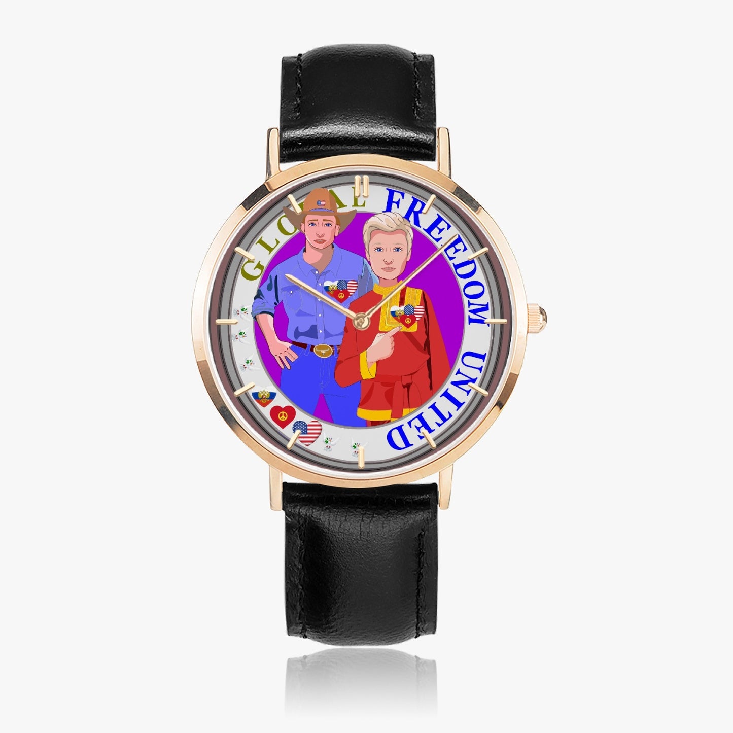 GLOBAL FREEDOM UNITED© Hot Selling Ultra-Thin Leather Strap Quartz Watch (Rose Gold With Indicators) Men USA & Russia