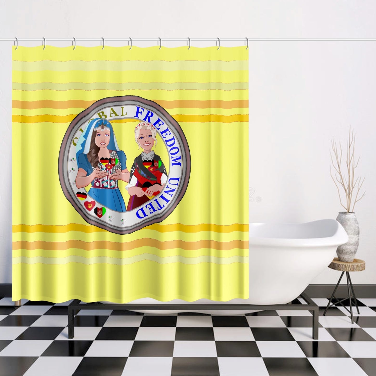 Quick-drying Shower Curtain GLOBAL FREEDOM UNITED© Women Afghanistan & Germany Yellow