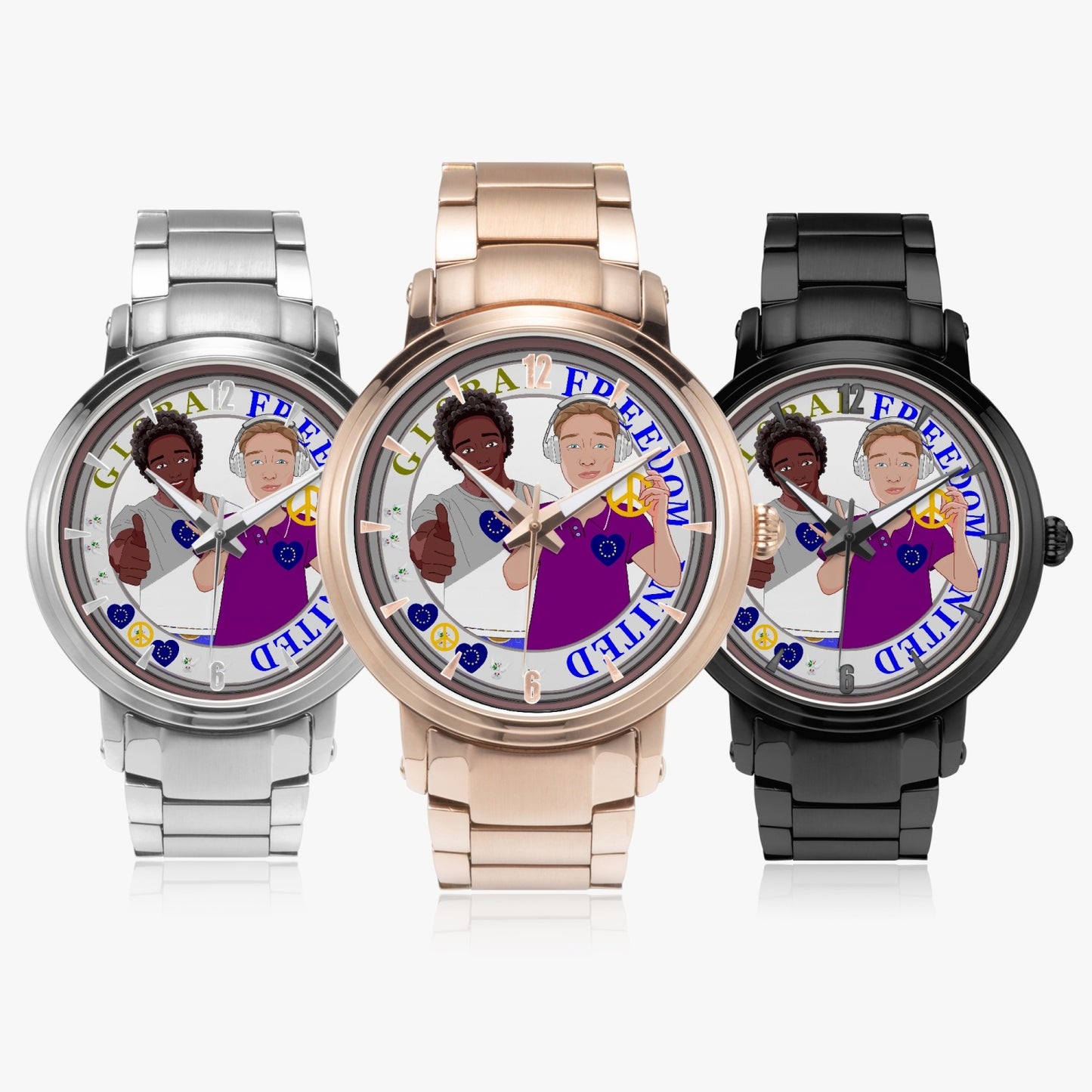 GLOBAL FREEDOM UNITED© New Steel Strap Automatic Watch (With Indicators) Men ANTI FASCISM & RACISM EUROPE