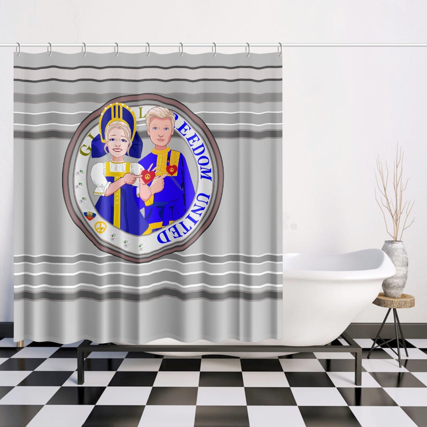 GLOBAL FREEDOM UNITED© Couple Russia Grey - Quick-drying Shower Curtain