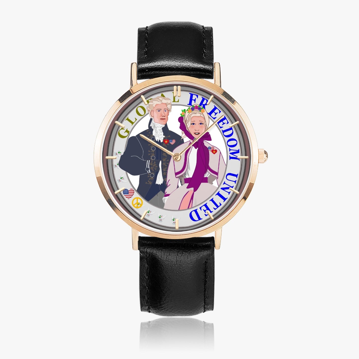 GLOBAL FREEDOM UNITED© Couple USA Georg Washington - Hot Selling Ultra-Thin Leather Strap Quartz Watch (Rose Gold With Indicators)