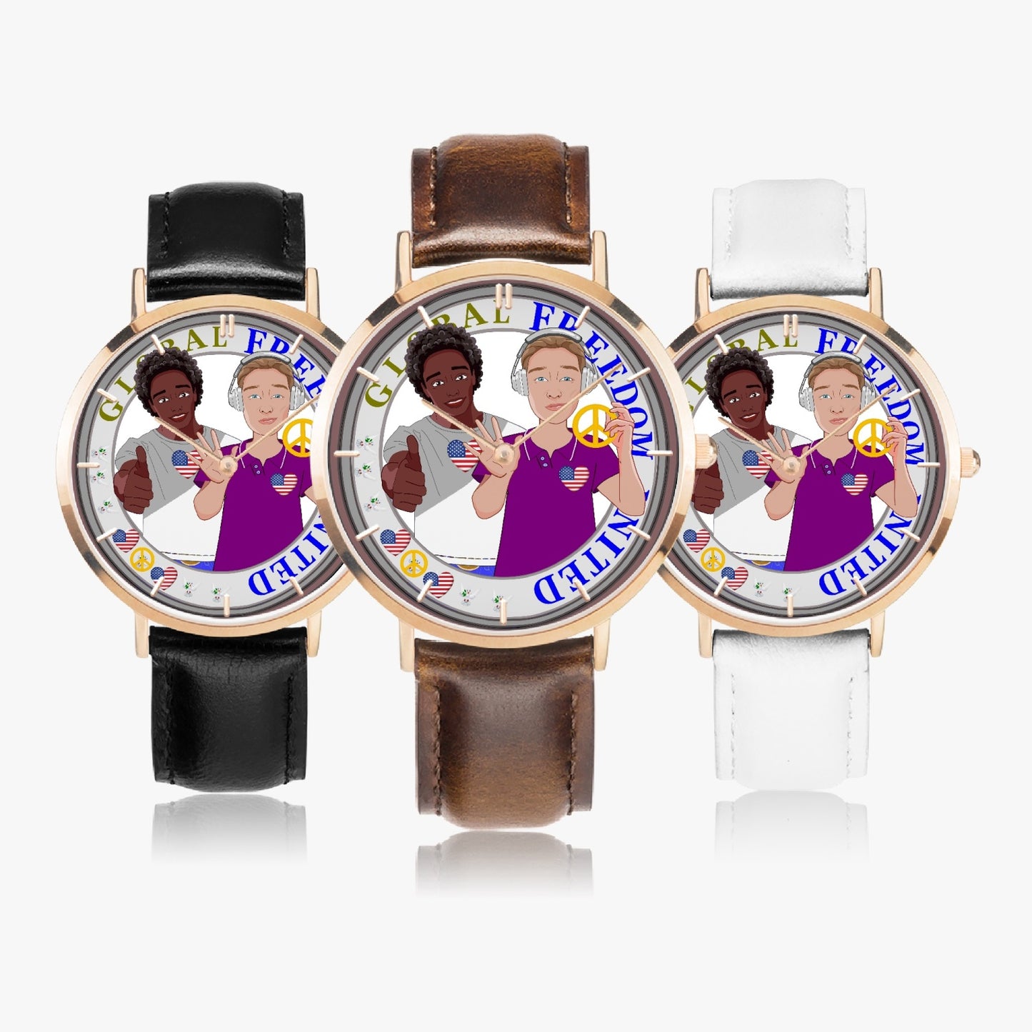 GLOBAL FREEDOM UNITED© Hot Selling Ultra-Thin Leather Strap Quartz Watch (Rose Gold With Indicators) Men ANTI FASCISM & RACISM  USA