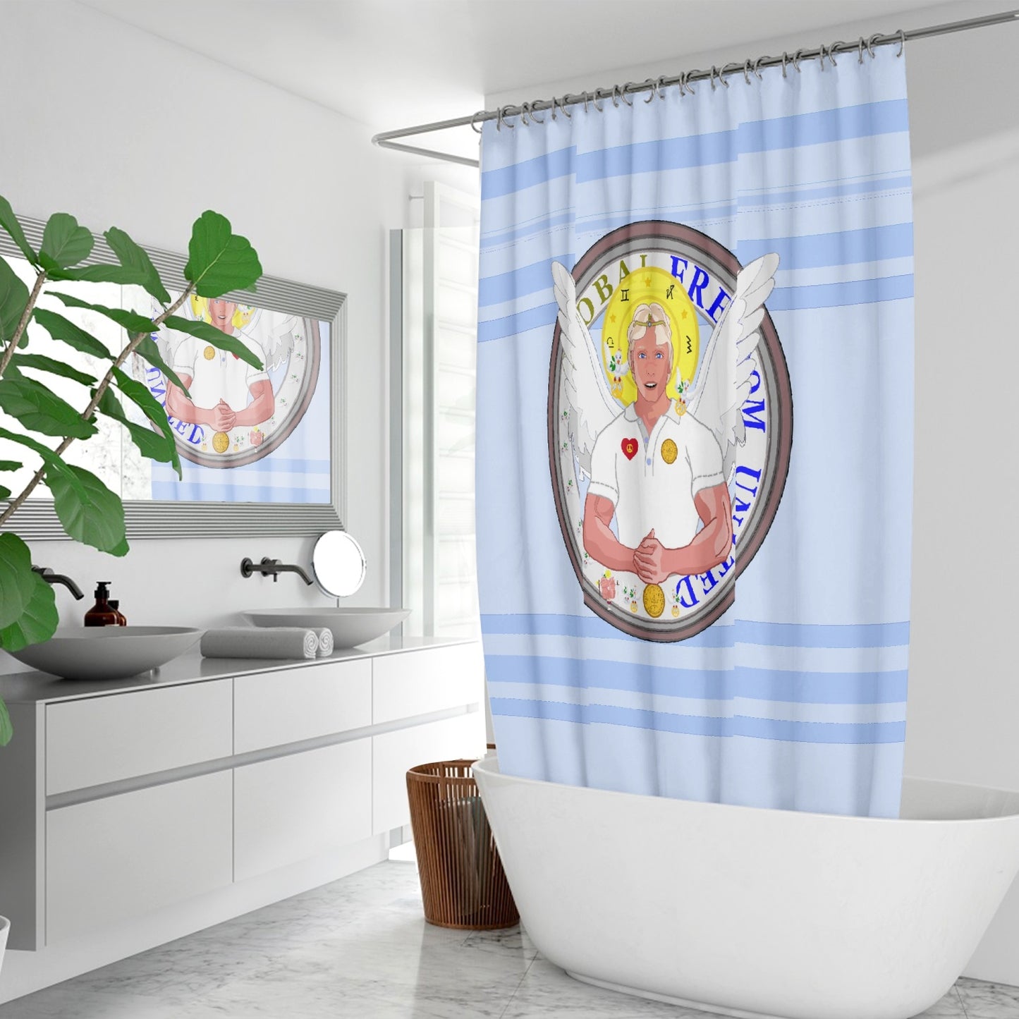 Quick-drying Shower Curtain GLOBAL FREEDOM UNITED© Archangel Michael Version 2 Light Blue