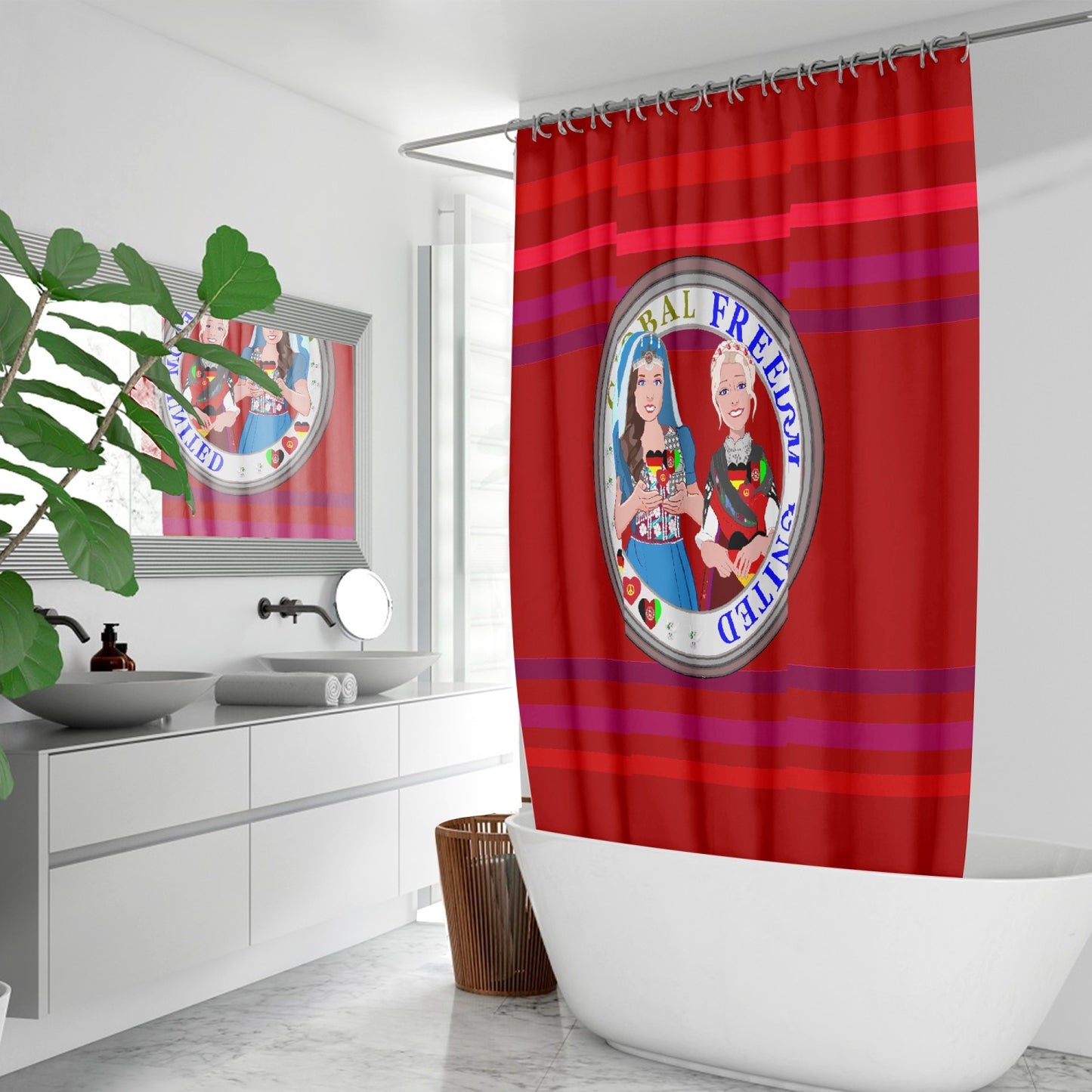Quick-drying Shower Curtain GLOBAL FREEDOM UNITED© Women Afghanistan & Germany Red