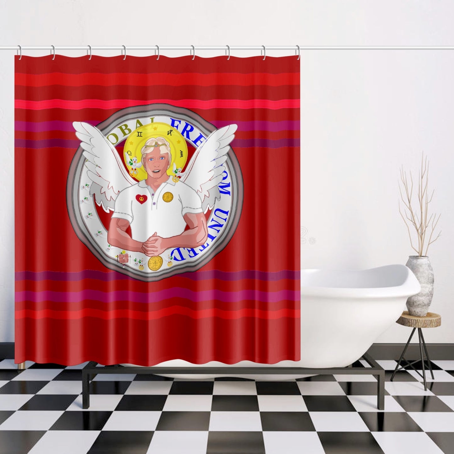 Quick-drying Shower Curtain GLOBAL FREEDOM UNITED© Archangel Michael Version 2 Red