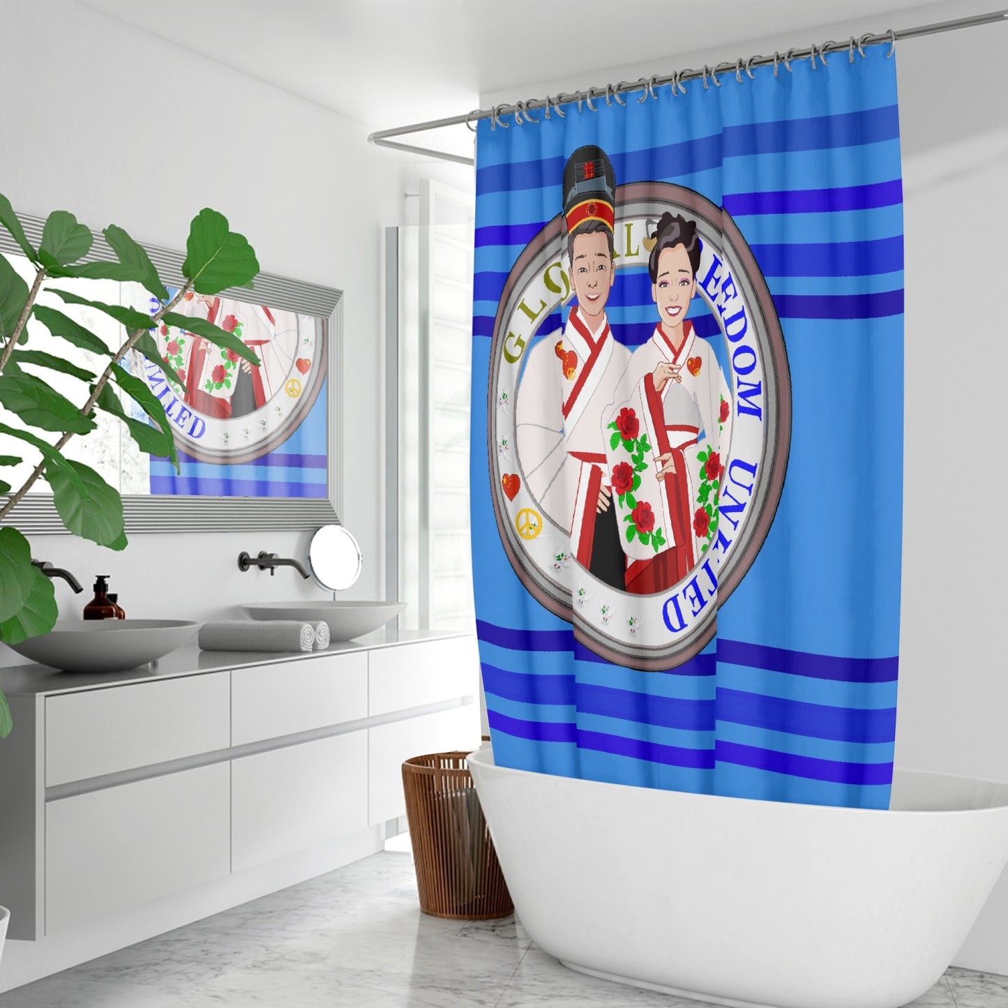 GLOBAL FREEDOM UNITED© Couple China Deep Blue - Quick-drying Shower Curtain