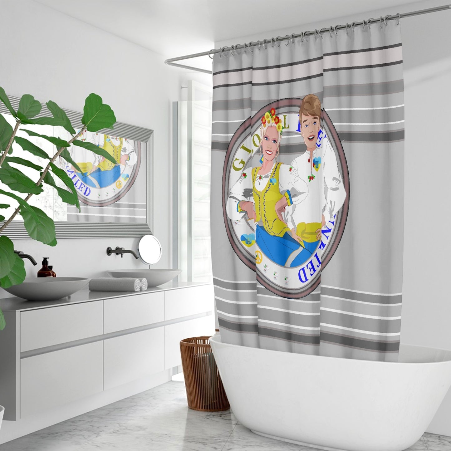 GLOBAL FREEDOM UNITED© Couple Ukrain Grey - Quick-drying Shower Curtain