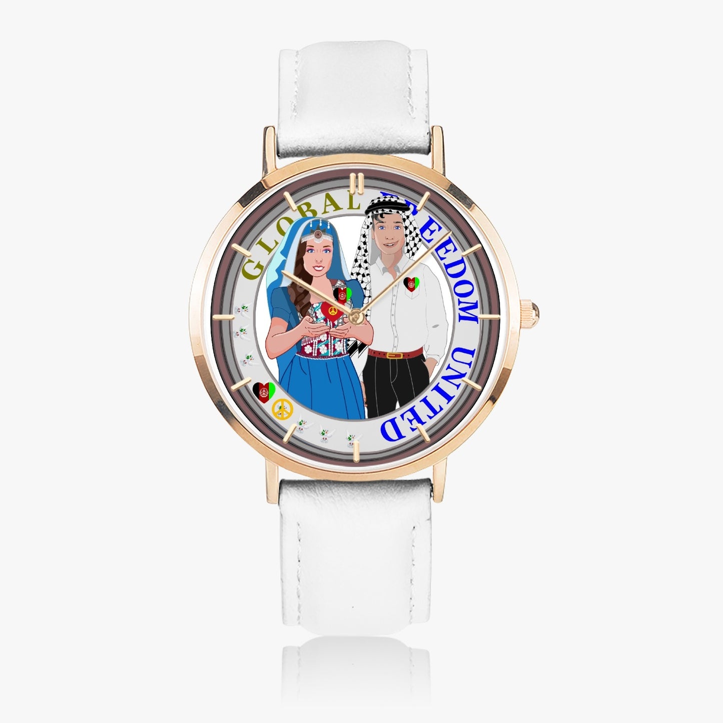 GLOBAL FREEDOM UNITED© Couple Afghanistan Hot Selling Ultra-Thin Leather Strap Quartz Watch (Rose Gold With Indicators)