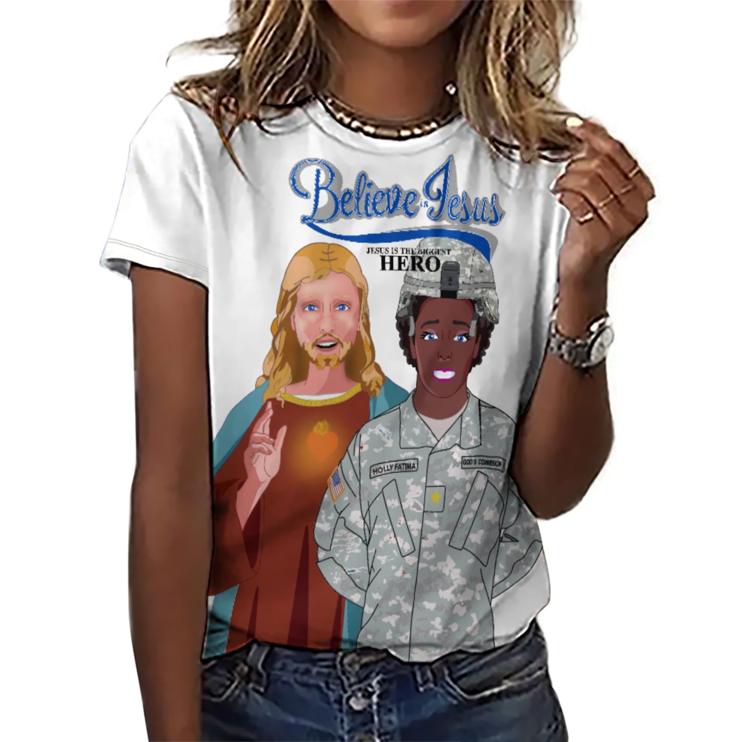 Women´s Wight T-Shirt GLOBAL FREEDOM UNITED© Jesus Christ For US American Hero Afro American Soldiers V2