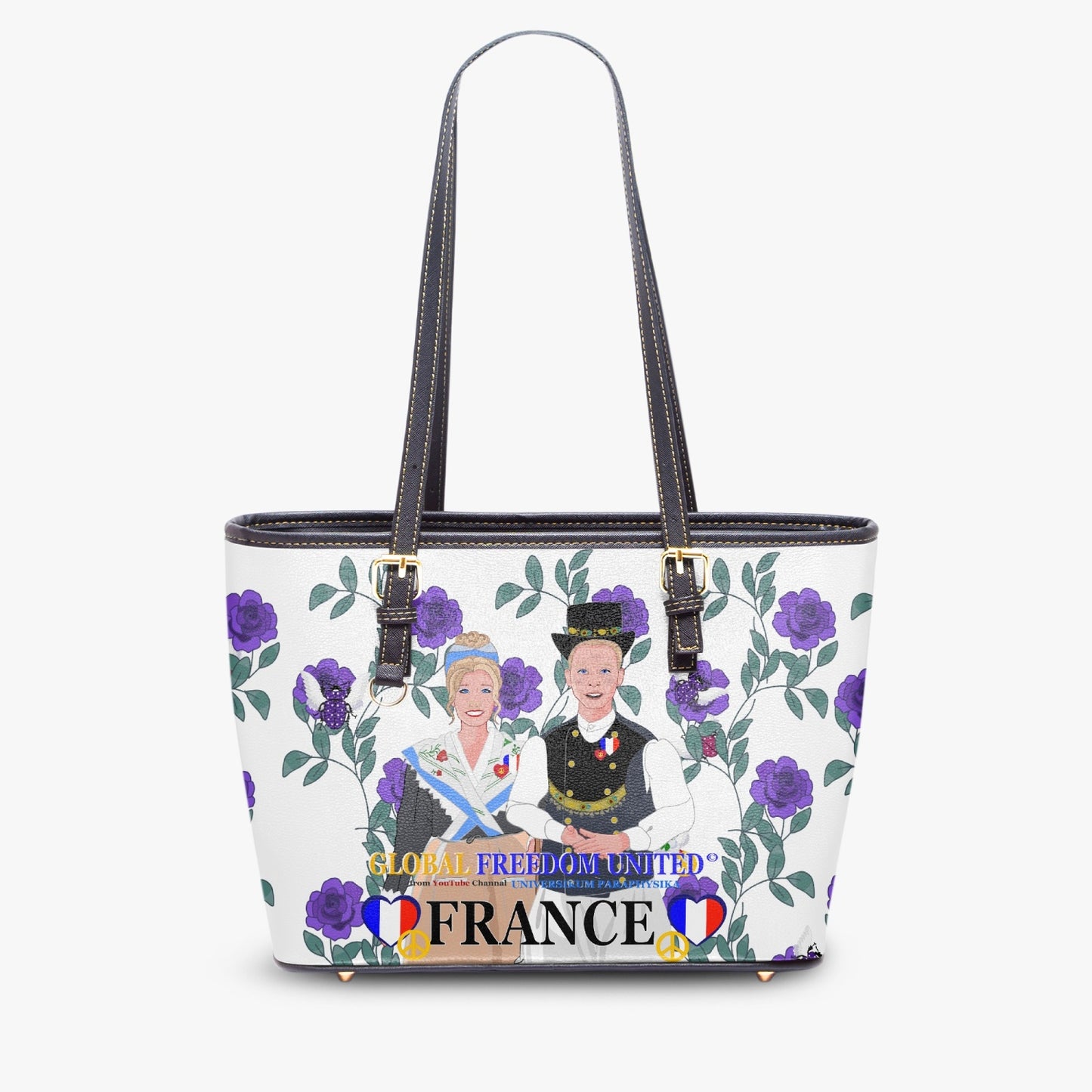 GLOBAL FREEDOM UNITED© Couple French Lilac Roses - Large Leather Tote Bag for Women