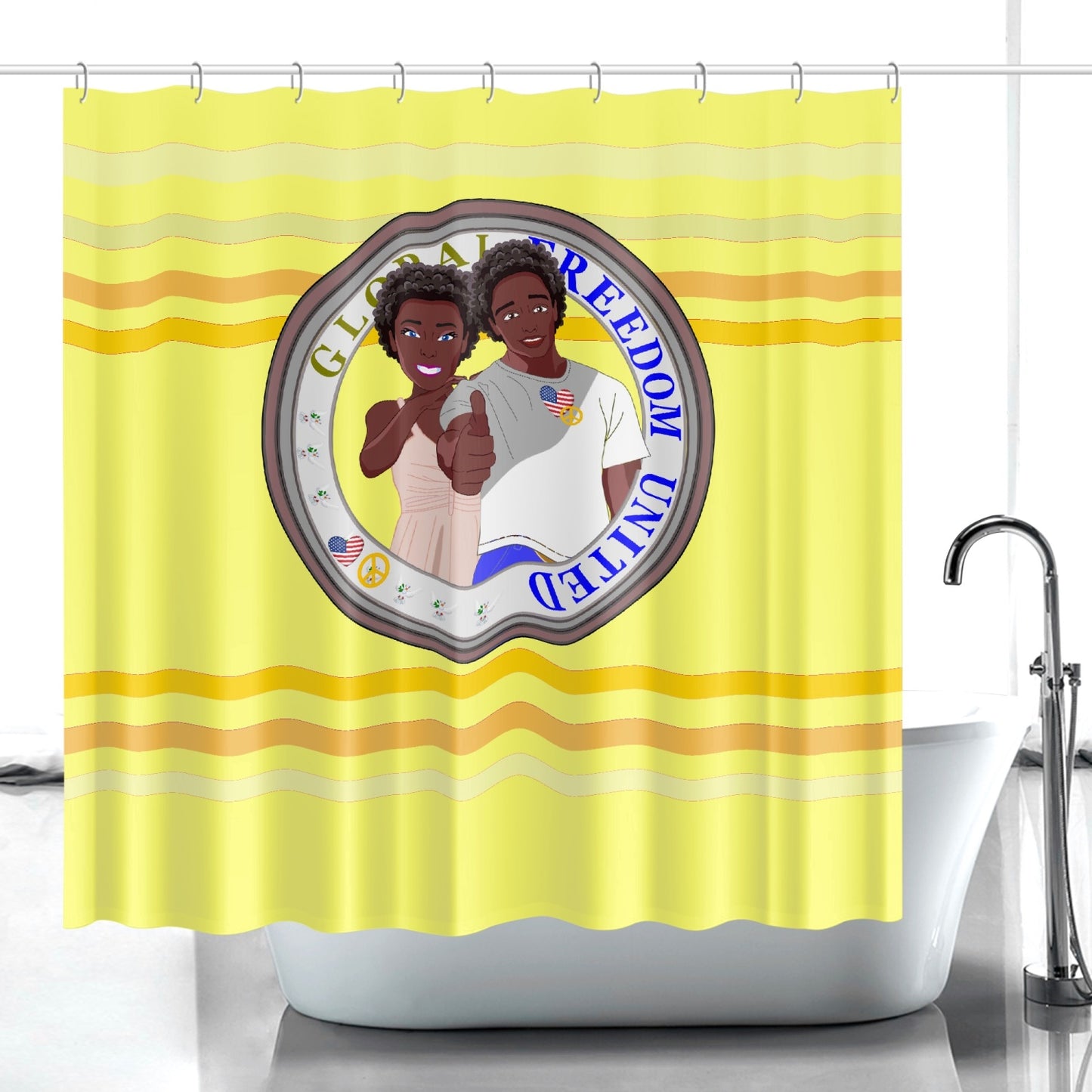 Quick-drying Shower Curtain GLOBAL FREEDOM UNITED© Couple USA Afro American Yellow