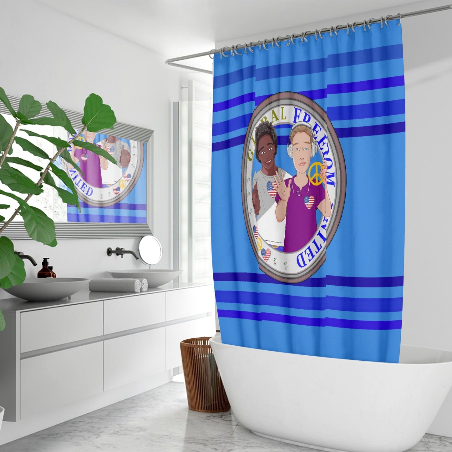Quick-drying Shower Curtain GLOBAL FREEDOM UNITED© Men Anti Fascism & Racism USA Deep Blue