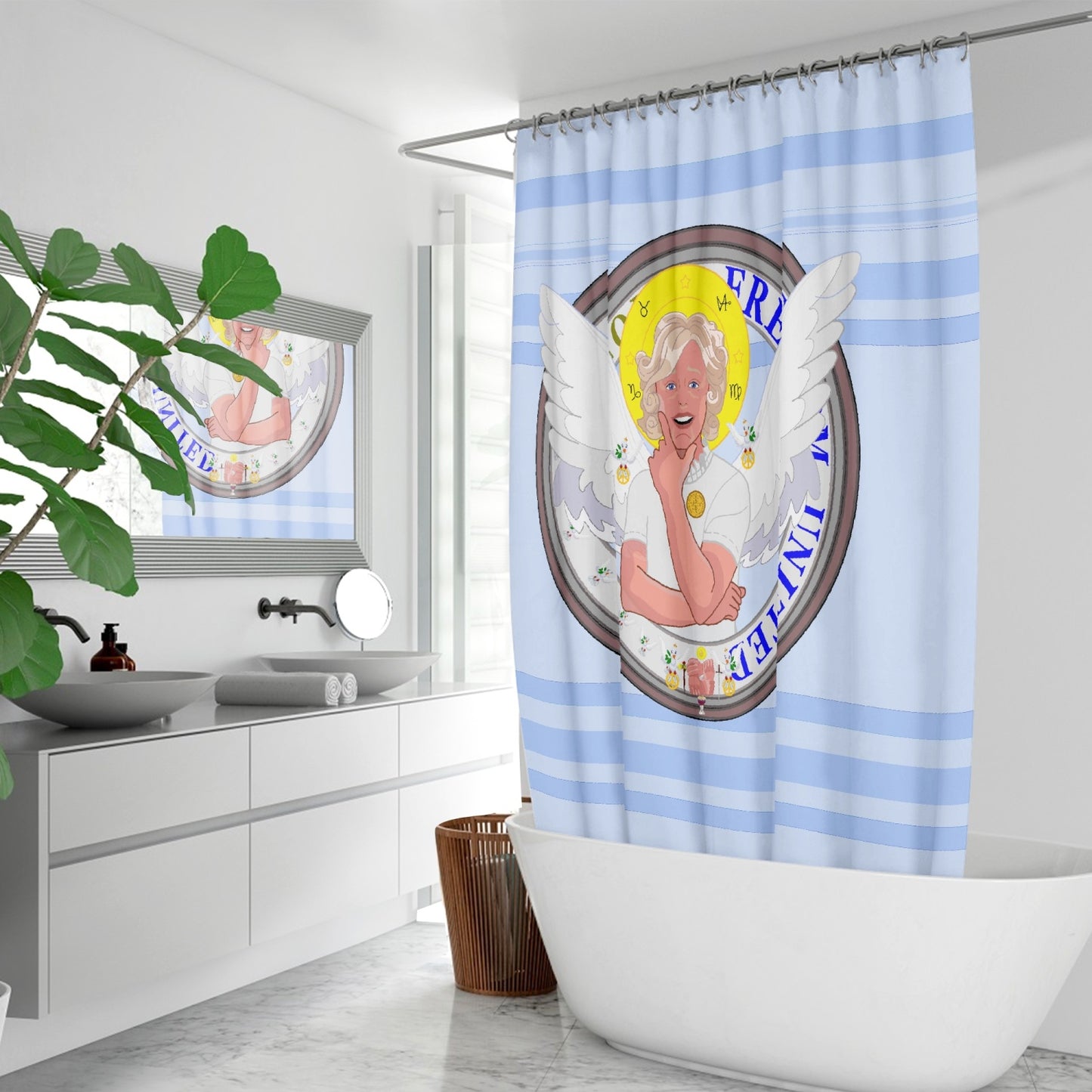 Quick-drying Shower Curtain GLOBAL FREEDOM UNITED© ARCHANGEL GABRIEL Light Blue