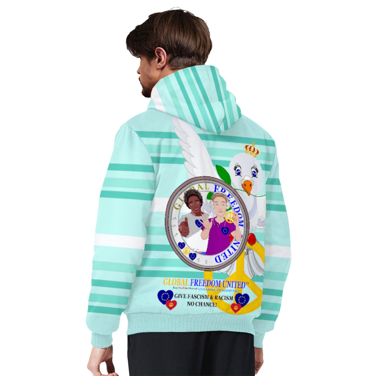 Plush Hoodie GLOBAL FREEDOM UNITED© Men Anti Racism & Fascism Light Green