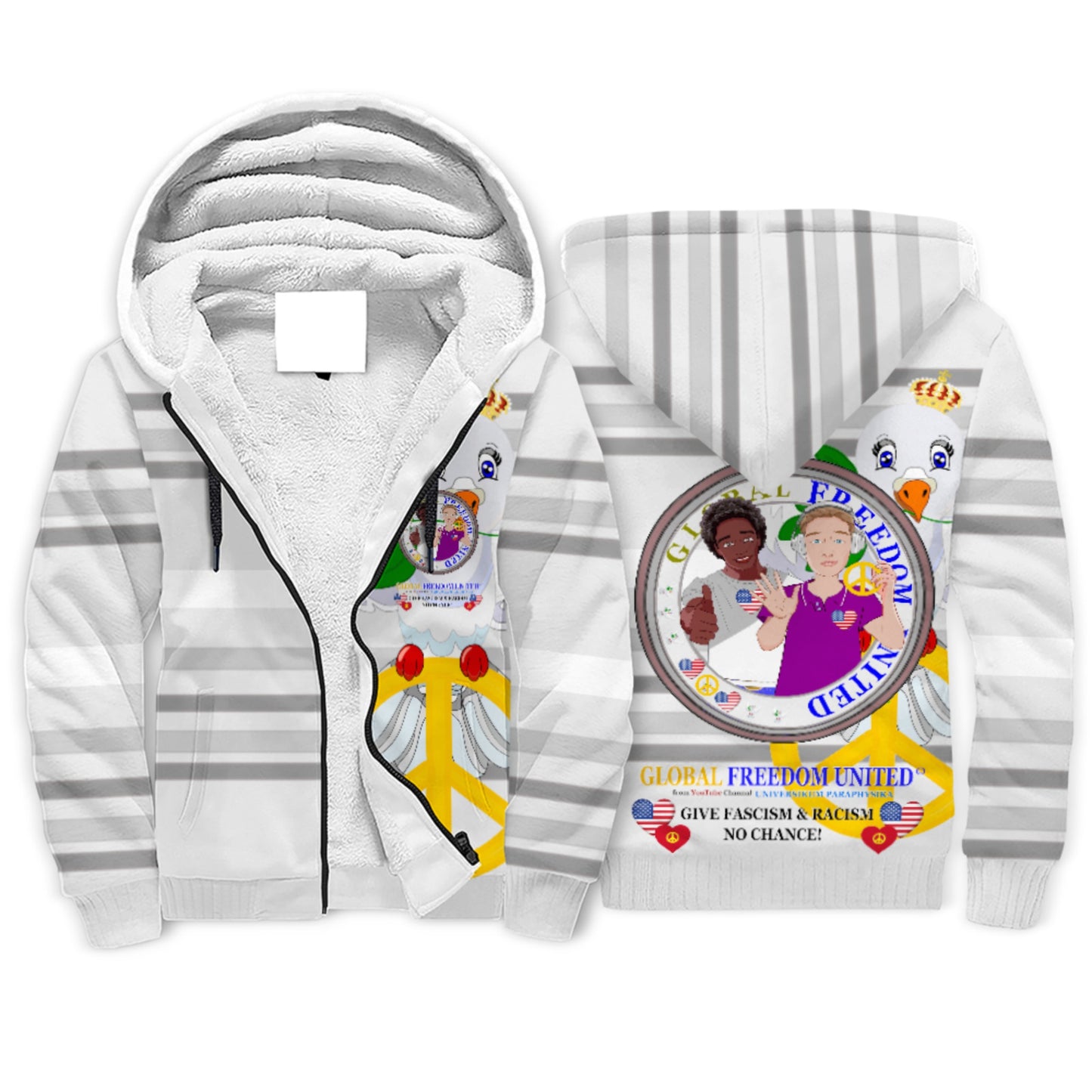 Plush Hoodie GLOBAL FREEDOM UNITED© Men Anti Racism & Fascism USA Grey