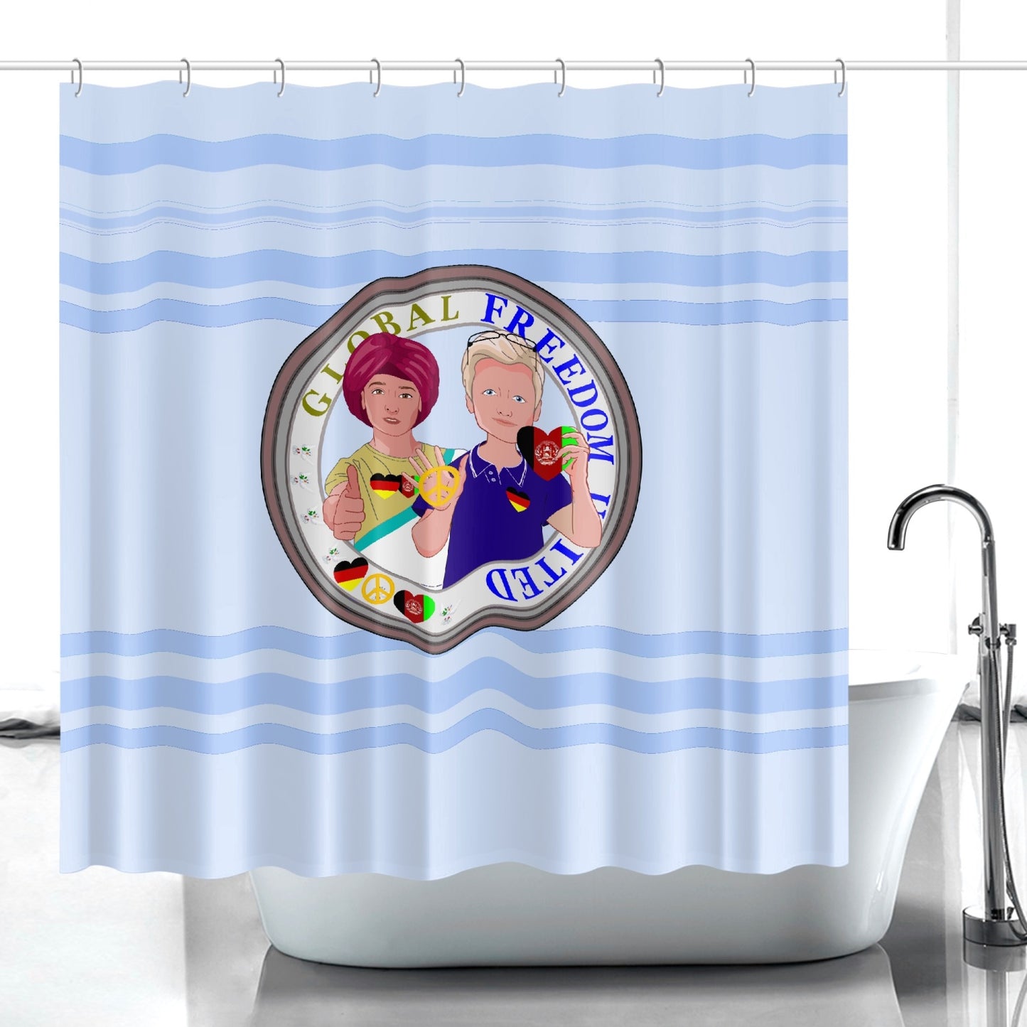 Quick-drying Shower Curtain GLOBAL FREEDOM UNITED© Men Afghanistan & Germany Light Blue