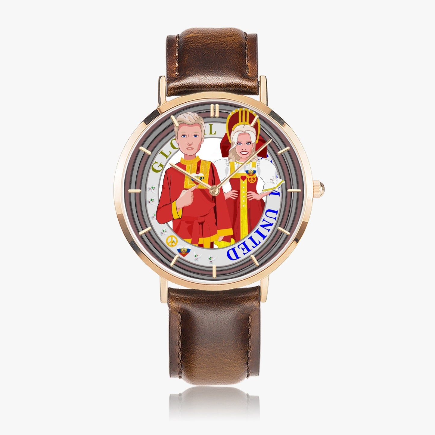 GLOBAL FREEDOM UNITED© Couple Russia Hot Selling Ultra-Thin Leather Strap Quartz Watch (Rose Gold With Indicators)