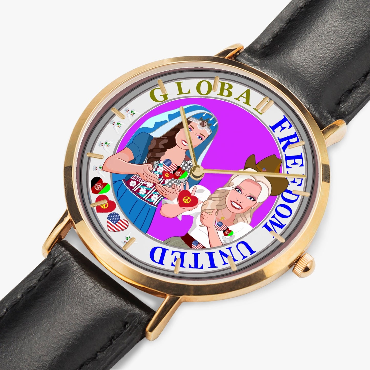 GLOBAL FREEDOM UNITED©  Hot Selling Ultra-Thin Leather Strap Quartz Watch (Rose Gold With Indicators) Women Afghanistan & USA